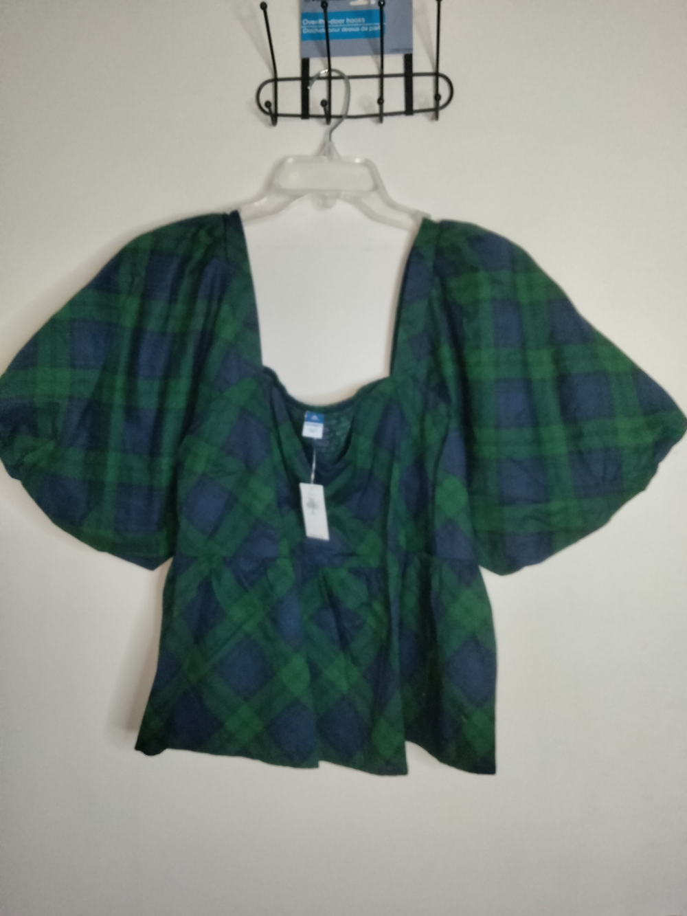 Old Navy -XL- Tall Cotton Green & Navy Plaid Puff Short Sleeves Crop Top NEW-NWT